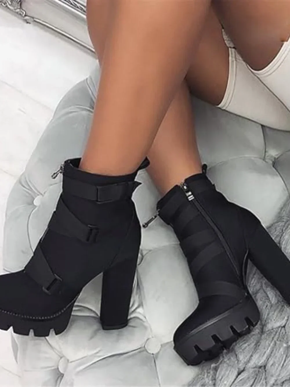 Chunky Heel Ankle Booties with Platform, Lace Up Side Zipper, Buckle Strap